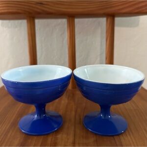 Set of 2 Vintage Hazel Atlas Dessert Cups Blue Retro Milk Glass Antique